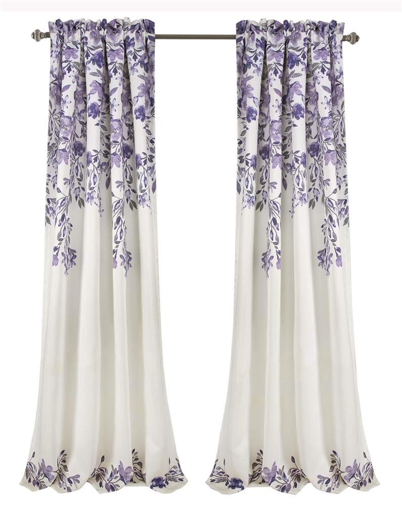 Lush Decor Tanisha Curtains - Light Filtering Window Panel Set, Pair - Floral Vine Print, Beautiful, Modern, Elegant Home Decor - 52" W x 95" L, Purple & Gray - Image 1